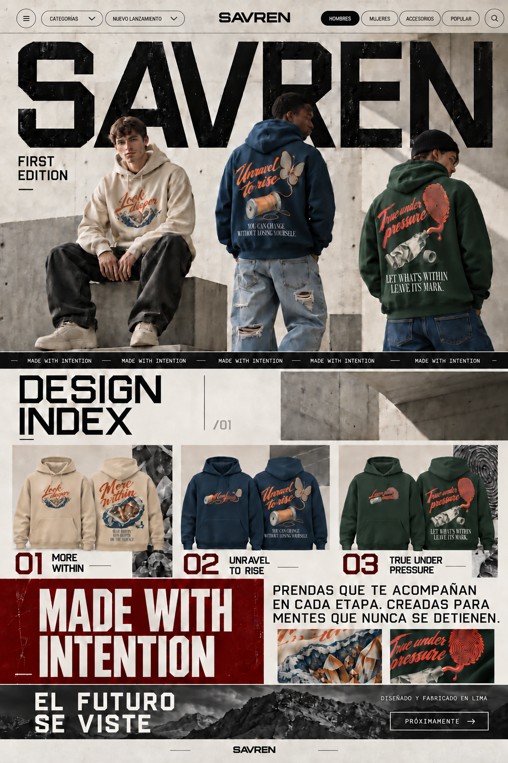 Primera edición SAVREN: tres modelos con poleras beige, azul y verde